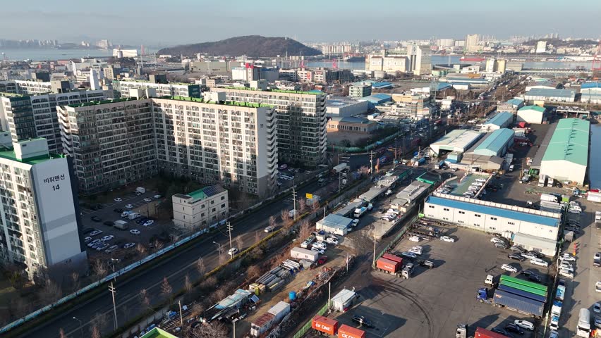 Drone footage for Old apartmnet near Port, Incheon, South Korea