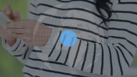 Animation of connected icons, graphs, trading board, caucasian woman scrolling on smartphone. Digital composite, multiple exposure, report, business, communication, stock market and technology. - Powered by Shutterstock - Get 15% off with code: PIKWIZARD15