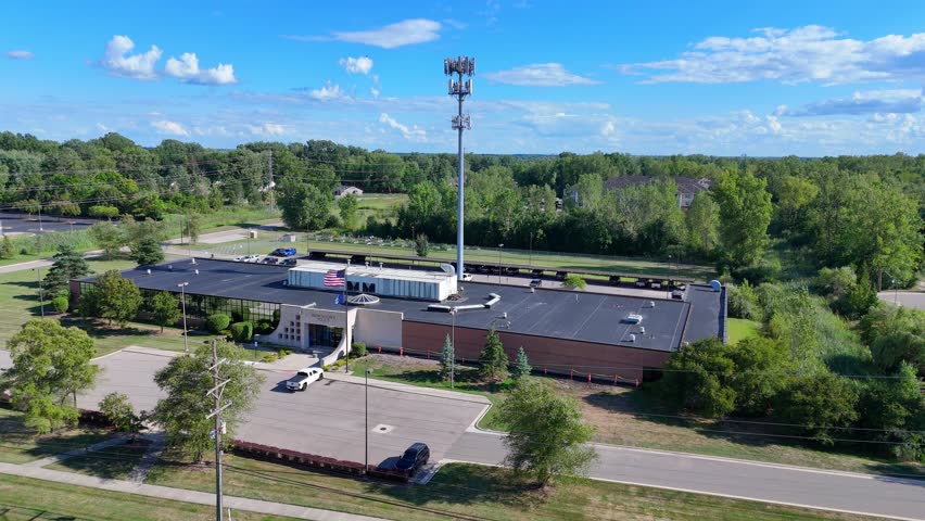 Brownstown Police Department building in aerial view, Brownstown Township, MI, USA