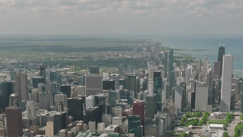 The aerial view shows Chicago
