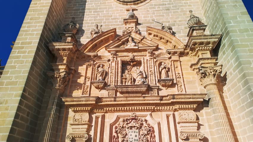 Beautiful Cathedral of the Jerez de la Frontera town in Andalusia, Spain. Slow motion steadicam footage of the historic Cathedral building