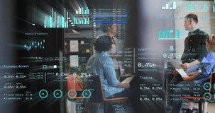 Animation of financial data processing over diverse business people in office. Global finance, business, connections, computing and data processing concept digitally generated video. - Powered by Shutterstock - Get 15% off with code: PIKWIZARD15