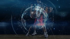 Two basketball players facing off on court, with holographic earth globe and digital data lines. Athletes, technology, digital, competition, futuristic, sports, data visualization - Powered by Shutterstock - Get 15% off with code: PIKWIZARD15