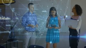 Three colleagues driving tech network design by sketching nodes and activating animated data charts. Collaboration, innovation, modernity, digital, technology, teamwork, communication - Powered by Shutterstock - Get 15% off with code: PIKWIZARD15