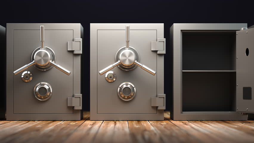 Row of opening empty safe vaults. 3d video animation