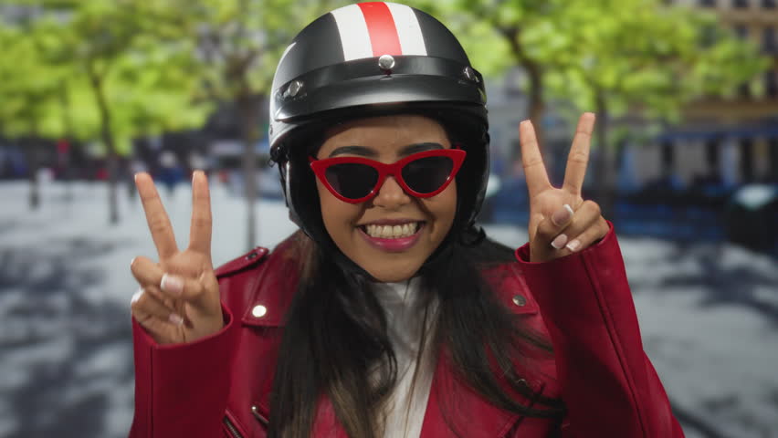 Vibrant portrait features a woman wearing a helmet while making a peace gesture on a street with latin flair and hispanic spirit in a young context with smiling energy outdoors and red sunglasses.
