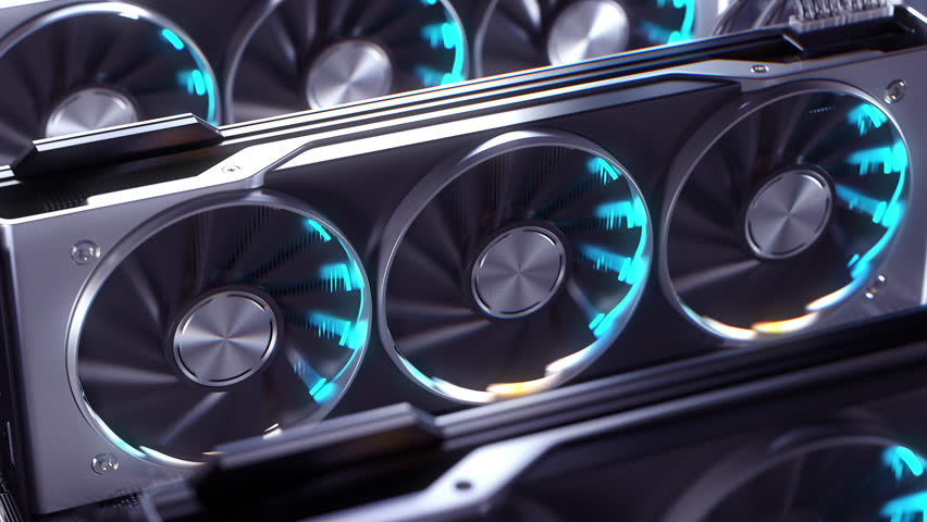 Row of GPU high-performance computer graphics card. Graphics processing units rack. 3d video animation