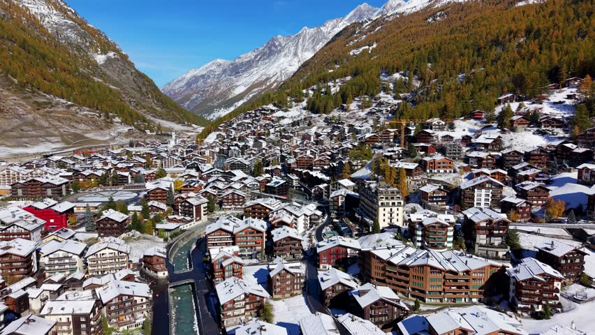 Aerial view of Zermatt townscape and Matterhorn mountain. Zermatt, Valais, Switzerland.