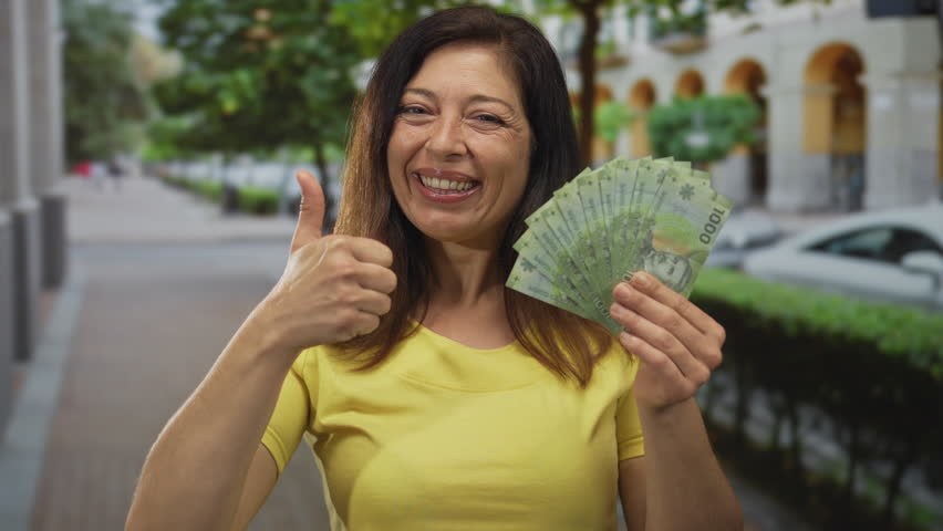 Hispanic woman in yellow top holding a fan of mexican peso banknotes gives thumbs up on city street lined with trees and arches; optimism success prosperity wealth.