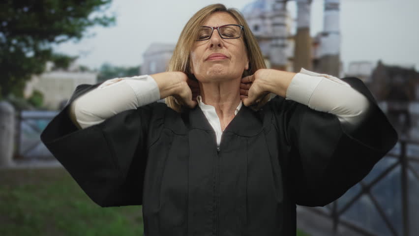 Caucasian middleaged woman wearing judge robe holds neck with hands before ancient building ruins; serenity relief.