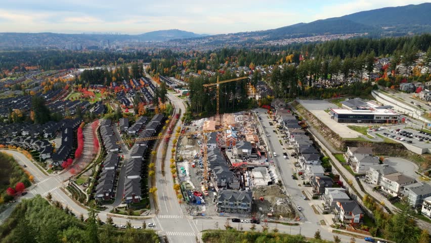 Under Construction Houses At The Suburban Area Of Burke Mountain In Coquitlam, Canada. Aerial Rotate Shot