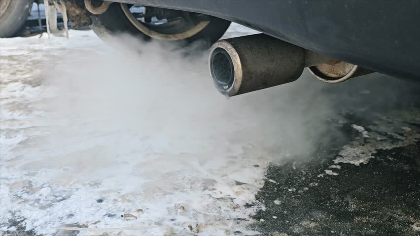 Close up of a car exhaust pipe emitting thick smoke, indicating pollution and vehicle emissions. 