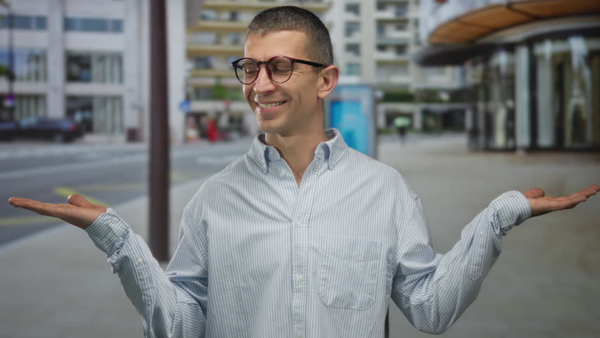 Man wearing glasses stands on urban street holding out both hands in a bright striped shirt, smiling confidently with buildings and pavement in the background.
