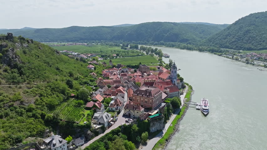 Aerial view of the ruins of an old fortress in Durnstein Austria. Wachau Valley, Danube River beautiful nature landscape.