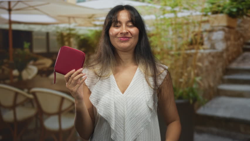 Woman brunette holding red wallet, hand to mouth while smiling at restaurant terrace outdoors; joyful laughter.