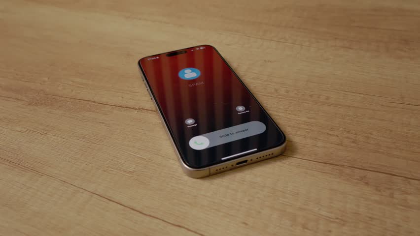 A smartphone is placed on a wooden table as it receives an incoming call from a spam number. The screen shows the call details clearly.
