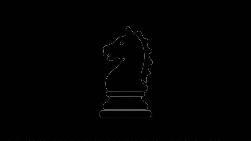 Animated line art of a chess piece (knight) icon, with a brilliant white neon light tracing its outline, set against a stark black background.