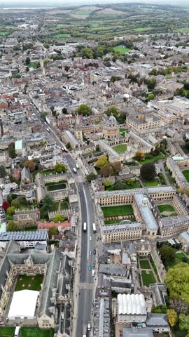 Vertical drone view over historic Oxford city center