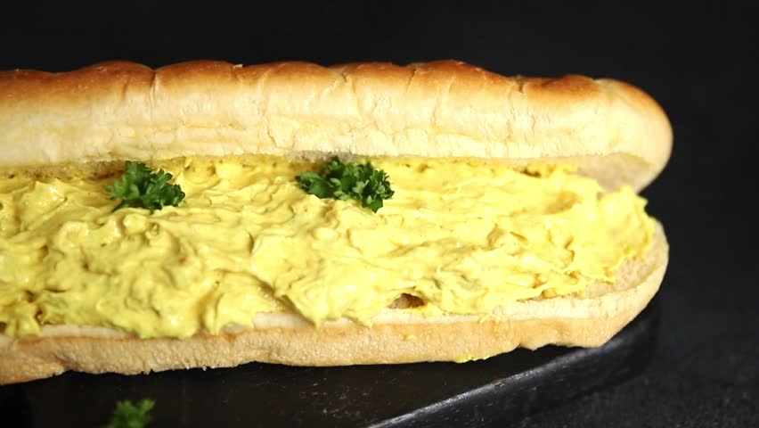 Sandwich chicken curry sub sandwich cold sauce fast food preparation tasty snack fresh delicious gourmet food background on the table rustic food top view copy space sub sandwich