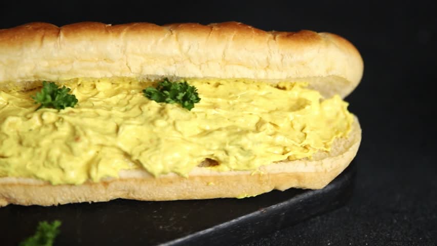 Sandwich chicken curry sub sandwich cold sauce fast food preparation tasty snack fresh delicious gourmet food background on the table rustic food top view copy space sub sandwich