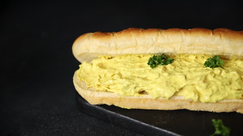 Sandwich chicken curry sub sandwich cold sauce fast food preparation tasty snack fresh delicious gourmet food background on the table rustic food top view copy space sub sandwich