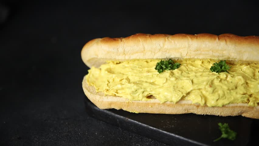 Sandwich chicken curry sub sandwich cold sauce fast food preparation tasty snack fresh delicious gourmet food background on the table rustic food top view copy space sub sandwich