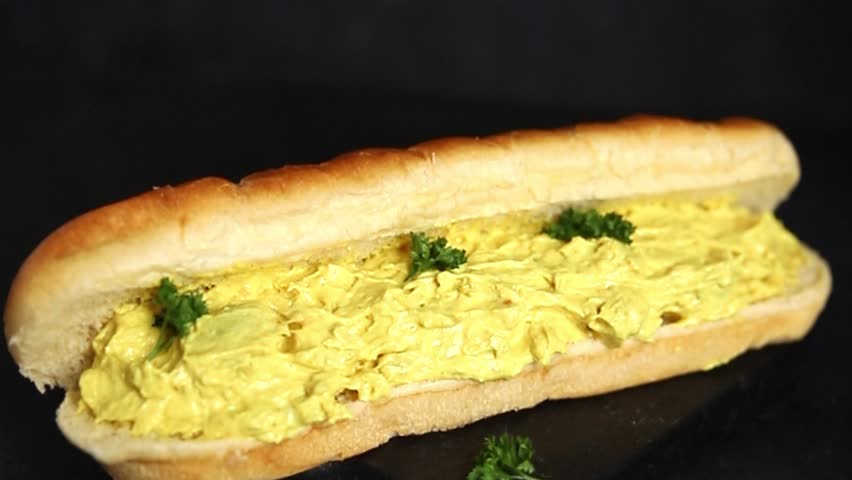 Sandwich chicken curry sub sandwich cold sauce fast food preparation tasty snack fresh delicious gourmet food background on the table rustic food top view copy space sub sandwich