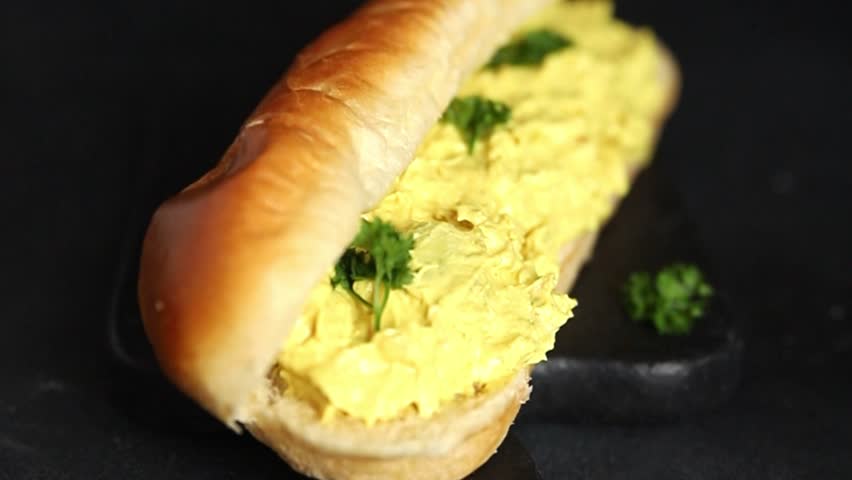 Sandwich chicken curry sub sandwich cold sauce fast food preparation tasty snack fresh delicious gourmet food background on the table rustic food top view copy space sub sandwich