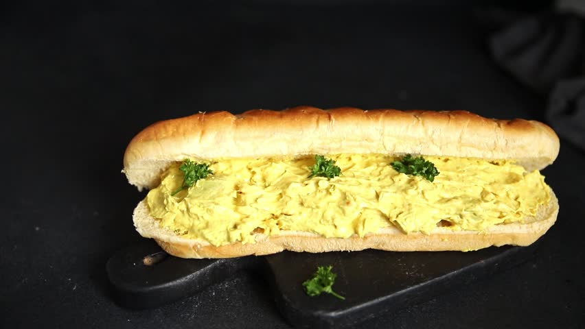Sandwich chicken curry sub sandwich cold sauce fast food preparation tasty snack fresh delicious gourmet food background on the table rustic food top view copy space sub sandwich