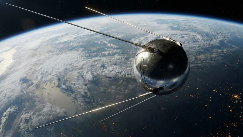 Satellite orbiting above Earth at night with glowing city lights and clouds over a curved horizon in space