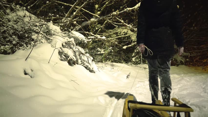 Young woman walking and dragging the sled on the snow