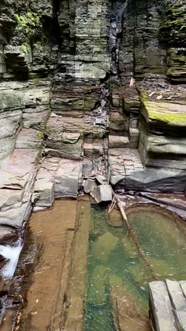 Geometric Cleavage on Gorge Walls and Waterfall (Watkins Glen State Park, Watkins Glen, New York, USA)