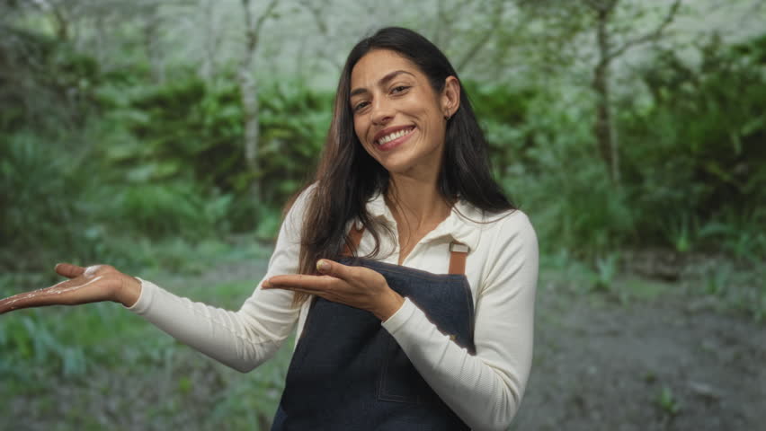 Woman presenting open hand and winking in a forest setting wearing denim apron and long sleeves; playful approachable.