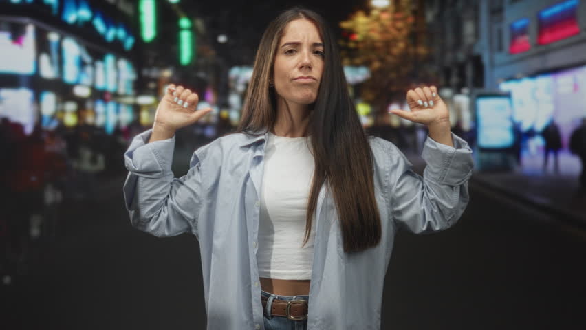 Woman pointing fingers to her chest on a neon street, wearing white crop top and overshirt, hands raised in assertive pose; self confidence.