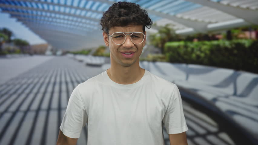 Man wearing glasses and white t shirt stands under canopy of modern building amid sunlight and shadows; uncertainty.
