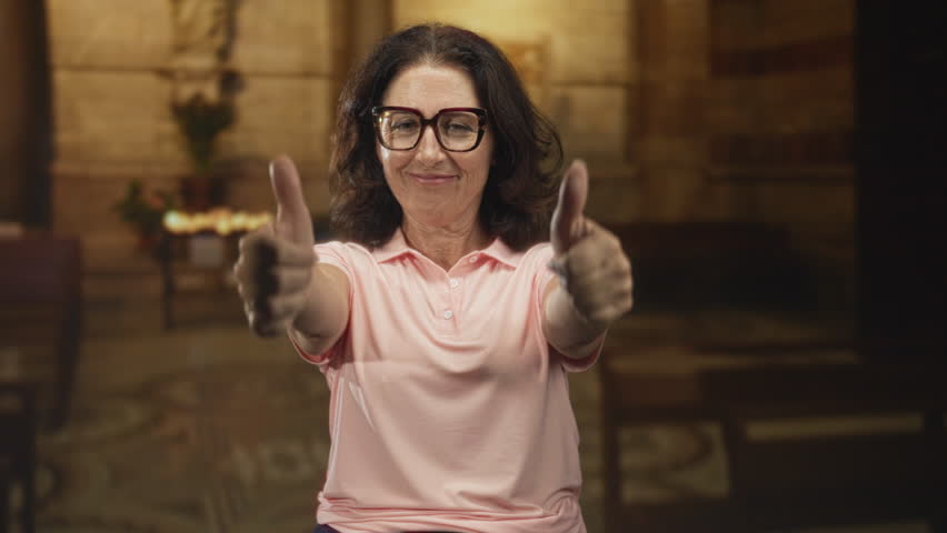Middle aged hispanic woman gives thumbs up and smiles, wearing glasses and a pink polo, standing in a church chapel with candles and pews visible; approval comfort faith.