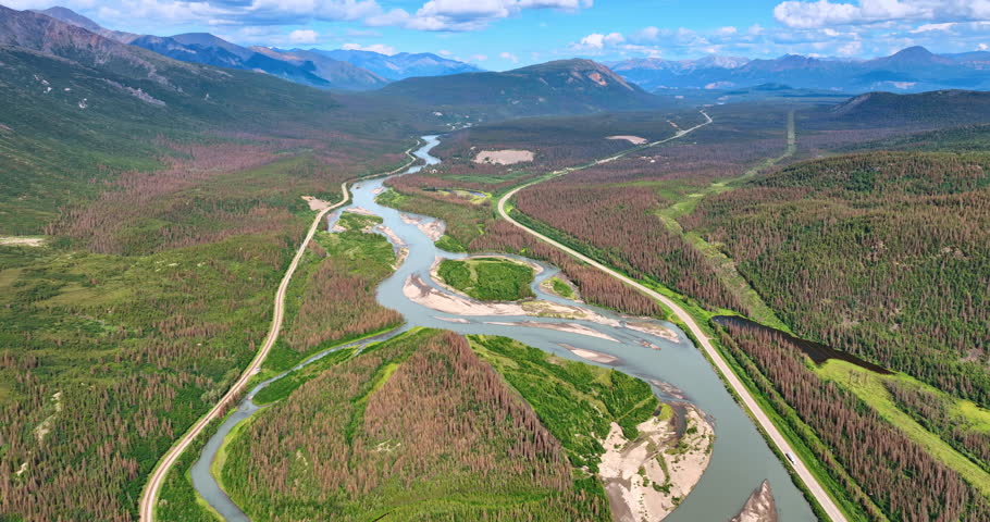 Vast valley with brown pine tree woods crossed by the branching river. Stunning mountain range surround the scenery. Alaska nature. Aerial view.