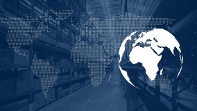 Animation of world map and globe over warehouse. Global business and digital interface concept digitally generated video. - Powered by Shutterstock - Get 15% off with code: PIKWIZARD15