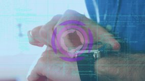 Animation of data processing and scope scanning over caucasian man using smartwatch. Global technology, computing and digital interface concept digitally generated video. - Powered by Shutterstock - Get 15% off with code: PIKWIZARD15