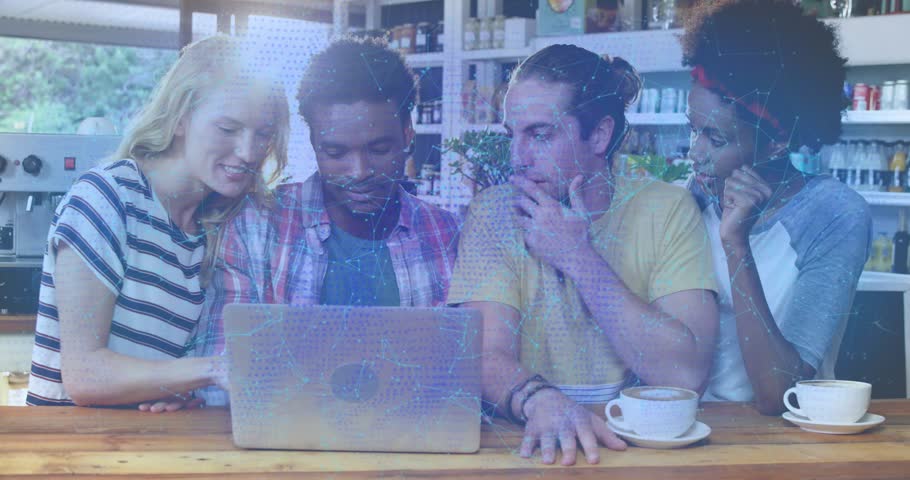 Animation of padlock in shield, numbers in blockchain over diverse friends looking in laptop. Digital composite, multiple exposure, cryptocurrency, protection, togetherness and technology concept.