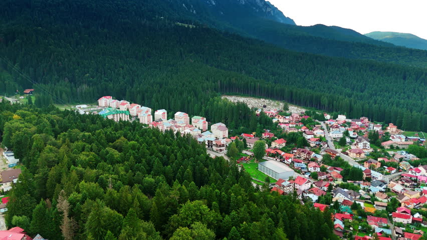 City of Busteni located in the pine tree woods covering the Carpathian Mountains in Romania. Drone flight over the lush forests around the residential area.