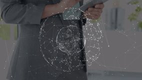 Animation of globe and connections over hands of caucasian businesswoman using tablet. global connections, business, technology and digital interface concept digitally generated video. - Powered by Shutterstock - Get 15% off with code: PIKWIZARD15