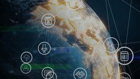 Animation of network of connections with icons over globe. global business and digital interface concept digitally generated video. - Powered by Shutterstock - Get 15% off with code: PIKWIZARD15