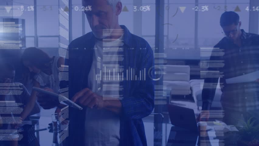 Animation of financial data and graphs over caucasian man with tablet in office. Business, data processing, finance and technology concept digitally generated video.