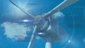 Animation of interface with data processing over spinning windmill against clouds in the blue sky. Renewable energy and business technology concept - Powered by Shutterstock - Get 15% off with code: PIKWIZARD15