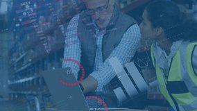 Animation of infographic interface over diverse coworkers discussing over laptop at warehouse. Digital composite, multiple exposure, global, report, distribution, shipping and teamwork concept. - Powered by Shutterstock - Get 15% off with code: PIKWIZARD15