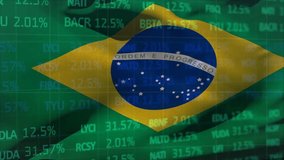 This video shows the stock market and blue glowing financial data processing with blue lines going up and down, world map on black background. Digitally generated brazil flag waving taking up full - Powered by Shutterstock - Get 15% off with code: PIKWIZARD15