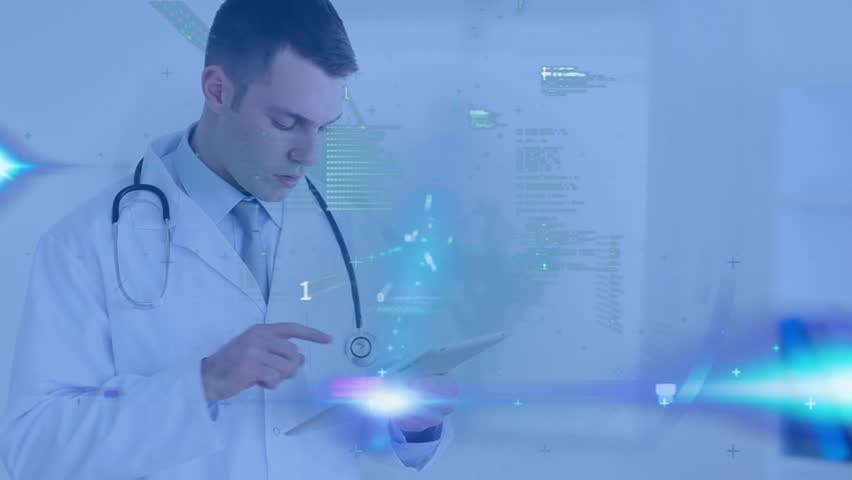 The young doctor is using a tablet computer in a office. Global medicine data processing and digital interface concept digitally generated video.