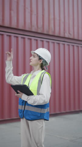 Professional female logistics engineer in a safety helmet and high-visibility vest using a tablet while pointing during an inspection at a shipping container terminal.