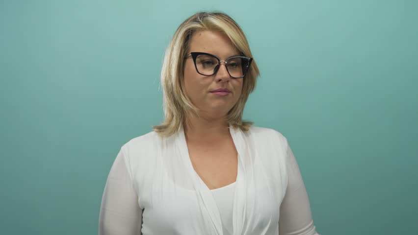 Woman in white blouse wearing glasses points finger in studio while making call gesture; welcoming.